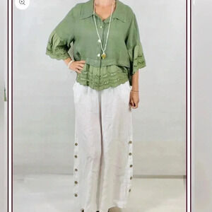 Puro Lino 100% Linen Green Artsy Ruffled
Lace Boho Lagenlook Top